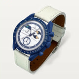 White textured leather strap on MoonSwatch Earthphase Moonshine Gold