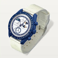 White NATO strap on MoonSwatch Earthphase Moonshine Gold