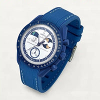 Blue premium rubber strap with white stitching on MoonSwatch Earthphase Moonshine Gold