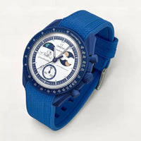 Blue premium rubber strap on MoonSwatch Earthphase Moonshine Gold
