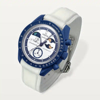 White clip-on premium rubber strap on MoonSwatch Earthphase Moonshine Gold