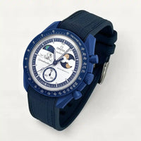 Navy blue premium rubber strap on MoonSwatch Earthphase Moonshine Gold