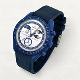 Navy blue premium rubber strap on MoonSwatch Earthphase Moonshine Gold