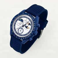 Blue perforated premium rubber strap on MoonSwatch Earthphase Moonshine Gold