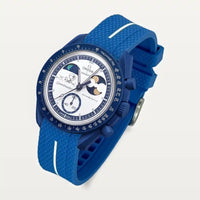 Blue premium rubber strap with white contrast band on MoonSwatch Earthphase Moonshine Gold