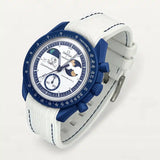 White premium rubber strap with blue stitching on MoonSwatch Earthphase Moonshine Gold