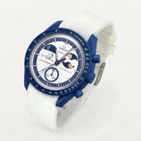 White premium rubber strap on MoonSwatch Earthphase Moonshine Gold