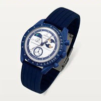 Navy blue ribbed rubber strap on MoonSwatch Earthphase Moonshine Gold