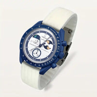 White ribbed rubber strap on MoonSwatch Earthphase Moonshine Gold