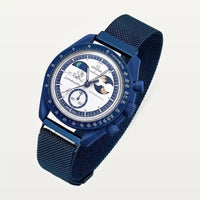 Blue steel mesh strap on MoonSwatch Earthphase Moonshine Gold