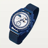 Blue steel mesh strap on MoonSwatch Earthphase Moonshine Gold