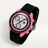 Black premium canvas strap on MoonSwatch Pink Moonphase