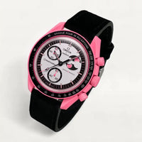 Black leather strap on MoonSwatch Pink Moonphase