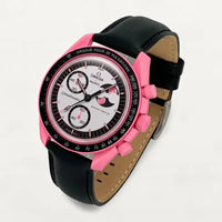 Black leather strap on MoonSwatch Pink Moonphase