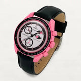 Black leather strap on MoonSwatch Pink Moonphase