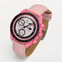 Pink leather strap on MoonSwatch Pink Moonphase