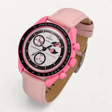 Pink leather strap on MoonSwatch Pink Moonphase