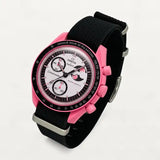 Black NATO strap on MoonSwatch Pink Moonphase