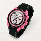 Black premium rubber strap with white stitching on MoonSwatch Pink Moonphase
