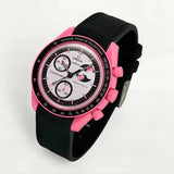 Black premium rubber strap on MoonSwatch Pink Moonphase
