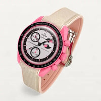 Light pink clip-on premium rubber strap on MoonSwatch Pink Moonphase
