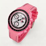 Pink premium rubber strap with black stitching on MoonSwatch Pink Moonphase