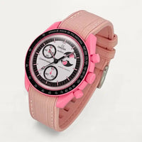Pink premium rubber strap with white stitching on MoonSwatch Pink Moonphase