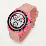 Pink premium rubber strap on MoonSwatch Pink Moonphase