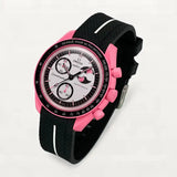 Black premium rubber strap with white contrast band on MoonSwatch Pink Moonphase