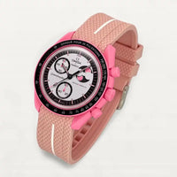 Pink premium rubber strap with white contrast band on MoonSwatch Pink Moonphase