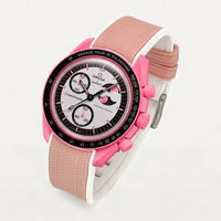 Pink and white two-tone premium rubber strap on MoonSwatch Pink Moonphase