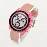 Pink and white two-tone premium rubber strap on MoonSwatch Pink Moonphase