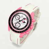 White premium rubber strap with pink stitching on MoonSwatch Pink Moonphase