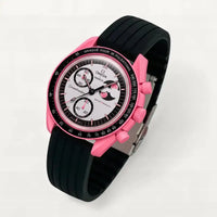 Black ribbed rubber strap on MoonSwatch Pink Moonphase