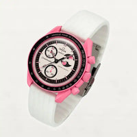 White ribbed rubber strap on MoonSwatch Pink Moonphase