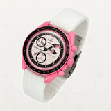 White ribbed rubber strap on MoonSwatch Pink Moonphase