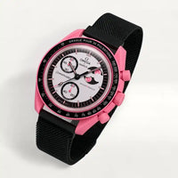Black designer steel strap on MoonSwatch Pink Moonphase