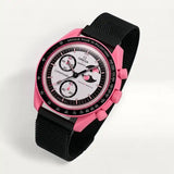 Black designer steel strap on MoonSwatch Pink Moonphase