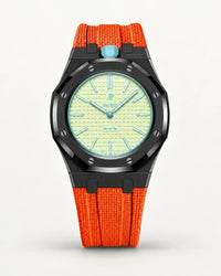 Orange textile-effect strap for AP x Swatch Royal Pop Blaue Acht, black case (crown at 12 o'clock)