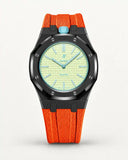 Orange textile-effect strap for AP x Swatch Royal Pop Blaue Acht, black case (crown at 12 o'clock)