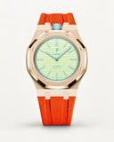 Orange textile-effect strap for AP x Swatch Royal Pop Blaue Acht, rose gold case (crown at 12 o'clock)