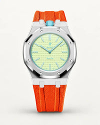 Orange textile-effect strap for AP x Swatch Royal Pop Blaue Acht, silver case (crown at 12 o'clock)