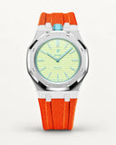 Orange textile-effect strap for AP x Swatch Royal Pop Blaue Acht, silver case (crown at 12 o'clock)