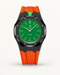 Orange textile-effect strap for AP x Swatch Royal Pop Green Eight, black case (crown at 12 o'clock)