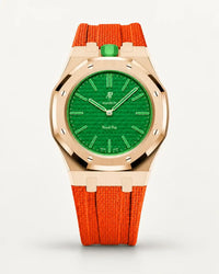 Orange textile-effect strap for AP x Swatch Royal Pop Green Eight, rose gold case (crown at 12 o'clock)