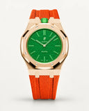 Orange textile-effect strap for AP x Swatch Royal Pop Green Eight, rose gold case (crown at 12 o'clock)