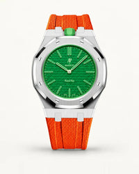 Orange textile-effect strap for AP x Swatch Royal Pop Green Eight, silver case (crown at 12 o'clock)