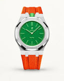 Orange textile-effect strap for AP x Swatch Royal Pop Green Eight, silver case (crown at 12 o'clock)