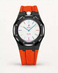 Cinturino effetto tessuto arancione per AP x Swatch Royal Pop Huit Blanc, cassa nera (corona a ore 12)