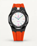 Cinturino effetto tessuto arancione per AP x Swatch Royal Pop Huit Blanc, cassa nera (corona a ore 12)